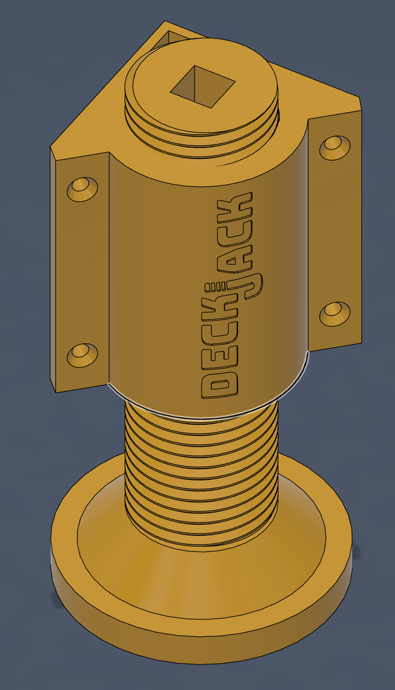 Render of the actual DeckJack 3D model: threaded jack with corner bracket and wide foot