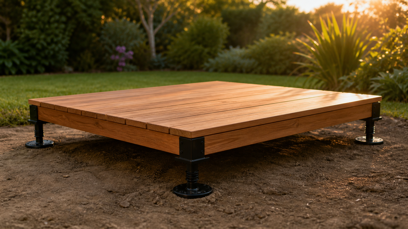 A finished DeckJack deck module in a backyard at golden hour, supported by four adjustable legs