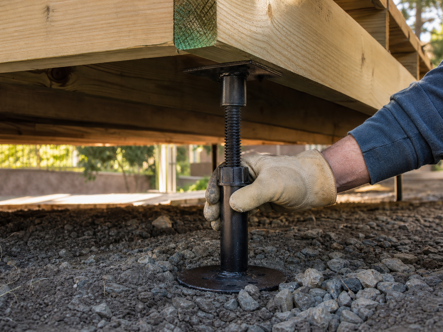 A gloved hand turning a DeckJack adjustment collar to level a deck frame on uneven ground
