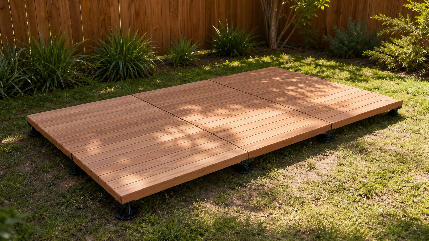 Three DeckJack deck modules joined into one larger backyard deck